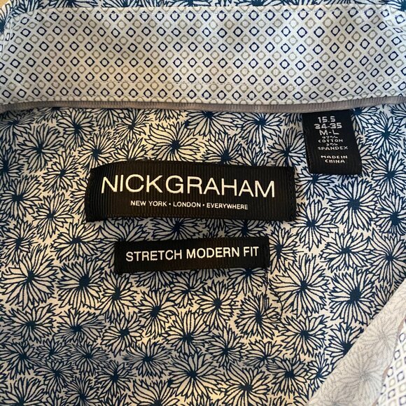 Nick Graham Men's 15.5 34-35 Blue White Floral Print Button Down Dress Shirt H12 - Picture 4 of 4